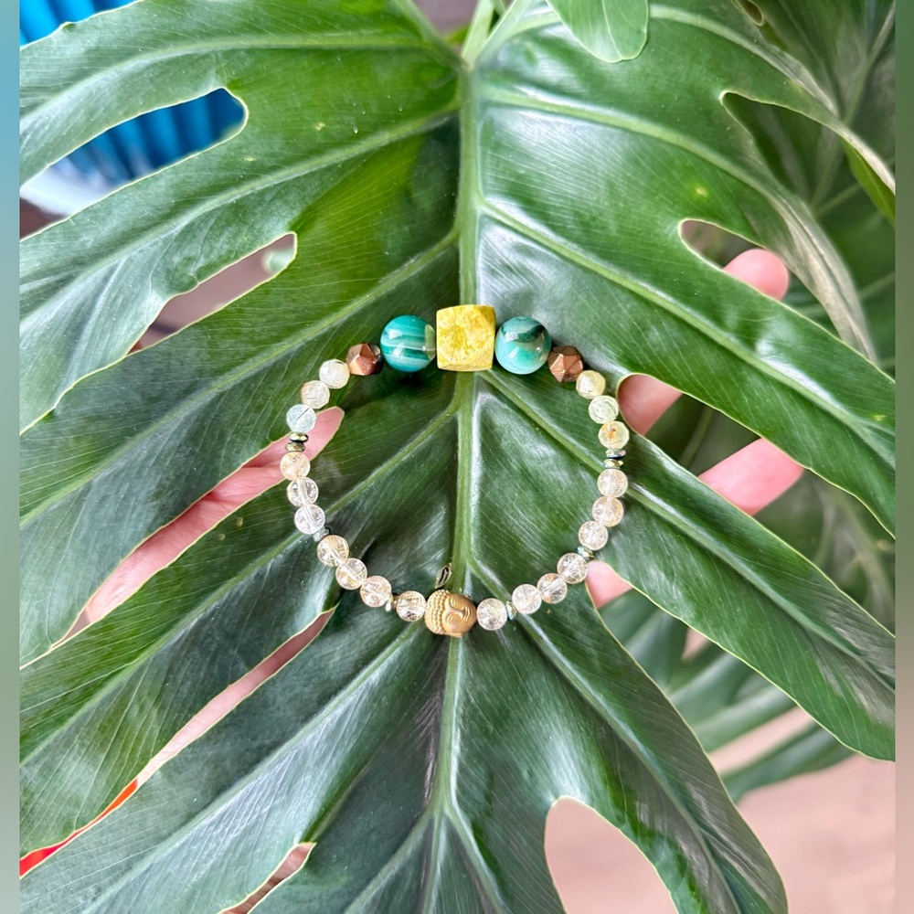Handmade Serpentine, Banded Agate, Prehnite & Hematite Buddha Bracelet